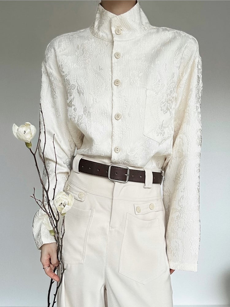 Mandarin Floral Embroidery Shirt Long-Sleeve Collar with Lolita Apricot Ouji