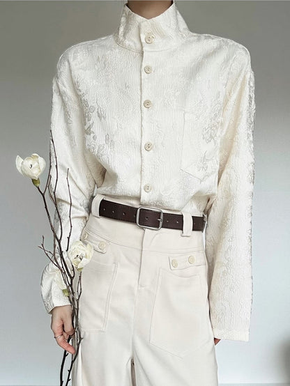 Mandarin Floral Embroidery Shirt Long-Sleeve Collar with Lolita Apricot Ouji