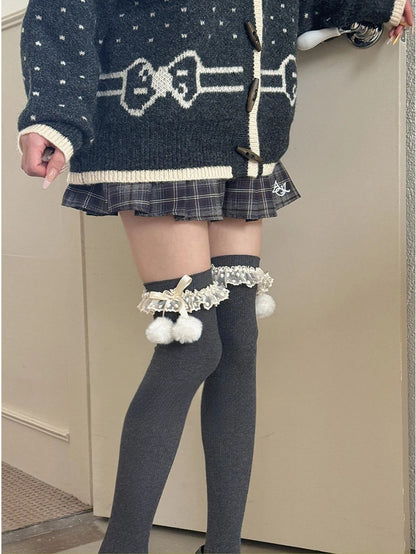 Ribbed with Lace Cuffs Stockings Over-the-Knee Pom-Pom