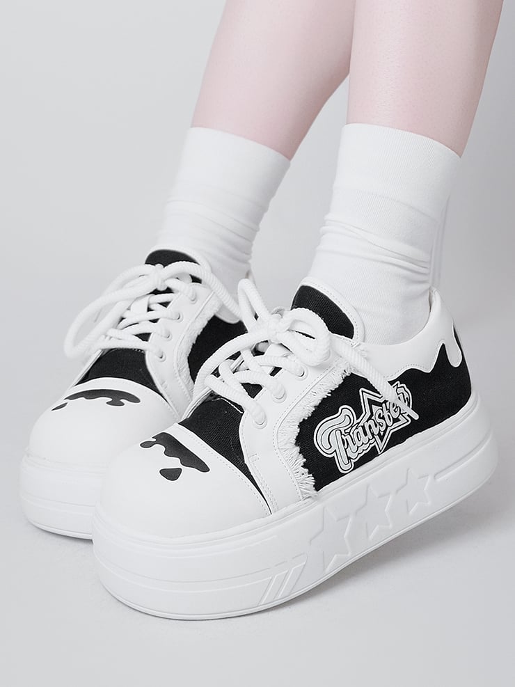 Design Print Otaku-Kwaii Lace-Up Trim Letter - Raw Edge Black Platform with Shoes White