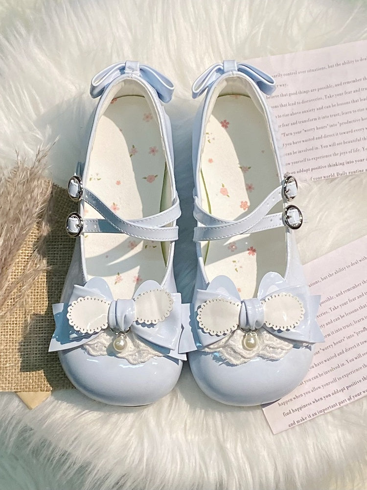 Round Bunny Lolita Mary Accents Low-heel Blue Janes Closure Snap Sweet Bow Themed with