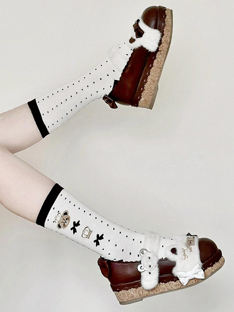 Bear Calf Socks Print Black Lolita Polka-dot Pattern Crown and