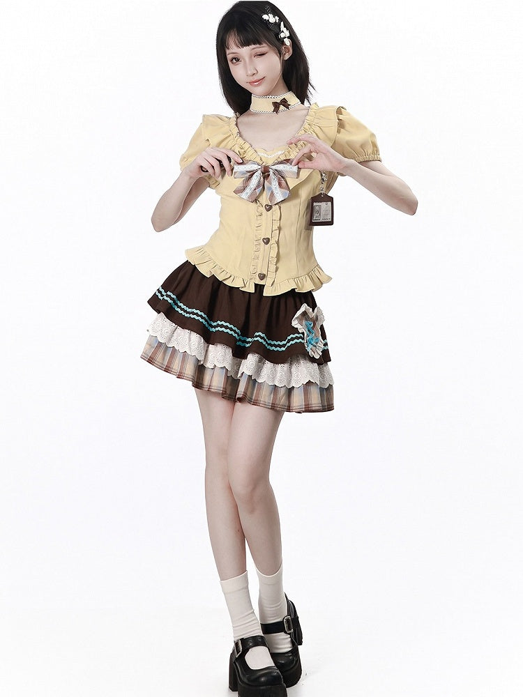 Tiered Skirt with Lace Trim and Plaid Heart Patch in Brown and Blue - PINK SAVIOR