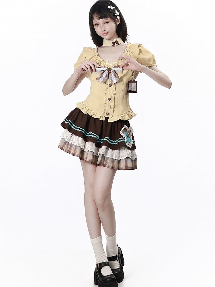 Sweet Kawaii Yellow Puff Sleeve Waist-Cinching Blouse with Ruffles, Bow, and Choker Set - PINK SAVIOR