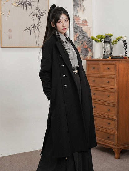 Side Button Style Slits Scarf with Front Set Placket Chinese Unisex - Coat Black