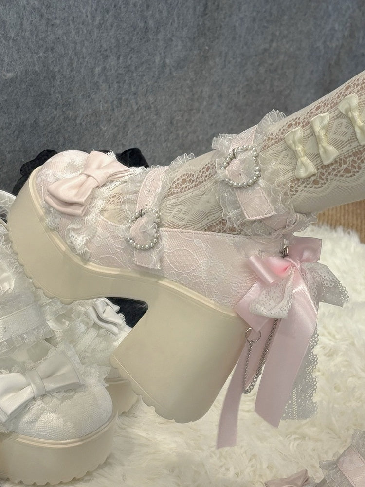Jane Block Mary Straps Jirai Kei Pink mit High - Heel Schuhe mit Spitzenbesatz