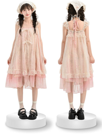 Slip Overdress Dress+Flutter Sleeves Neck Tiered Two-pieces Skirt Polka-dot Yume Kawaii Pink Set-	Halter