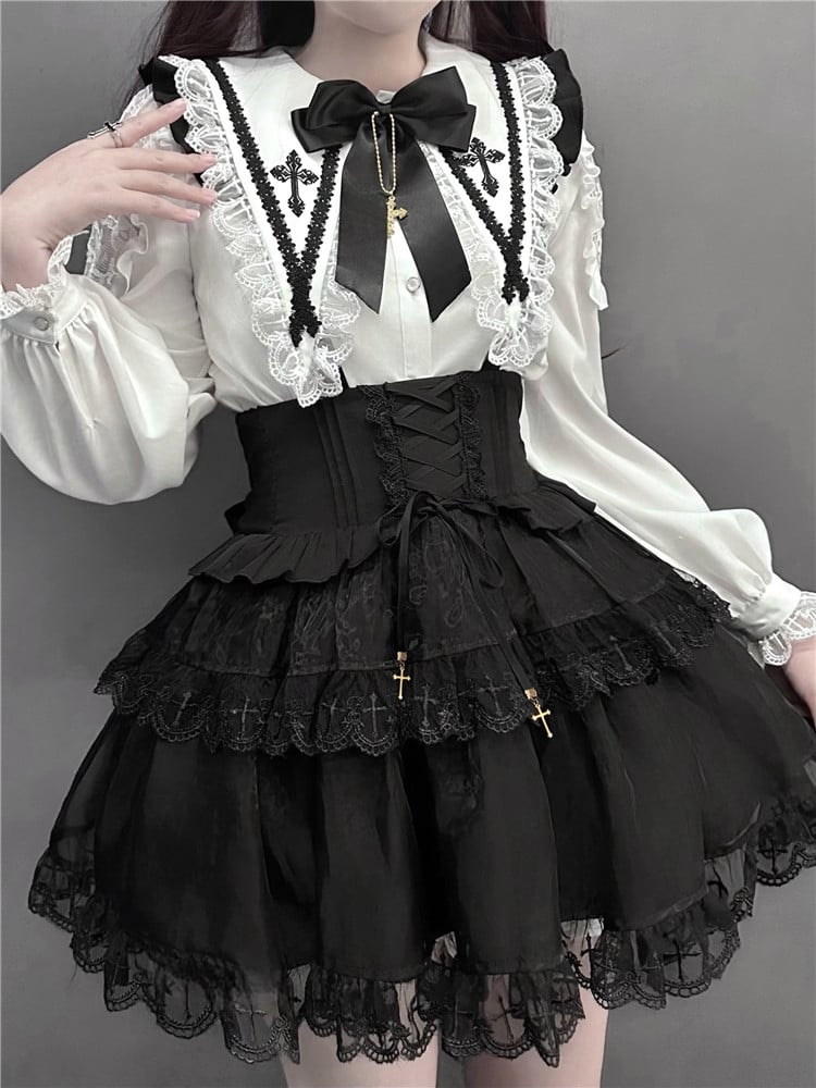 Jirai Kei Black Lace-up Detail High-Waisted Tulle Skirt Landmine Overall Dress