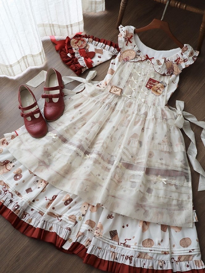 Set Sweet Hamster Triangular Red Cookie Dress Headscarf and Print Lolita Brooches Apron Full + White