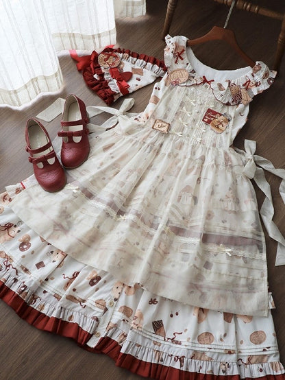 Set Sweet Hamster Triangular Red Cookie Dress Headscarf and Print Lolita Brooches Apron Full + White