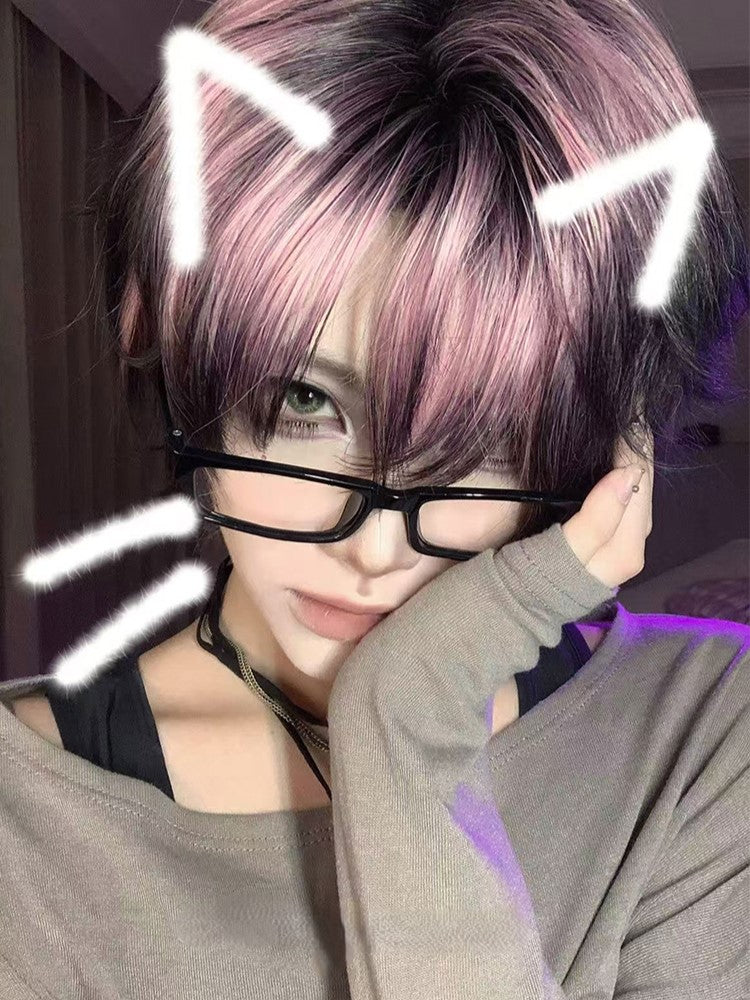 35CM Wig and Pink Highlight Length Hair Black Color Short Ouji