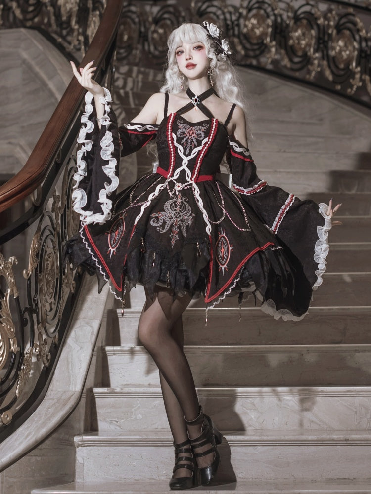 Black and Red Halter Neck Cthulhu Vibes Lolita Dress with Detachable Bell Sleeves
