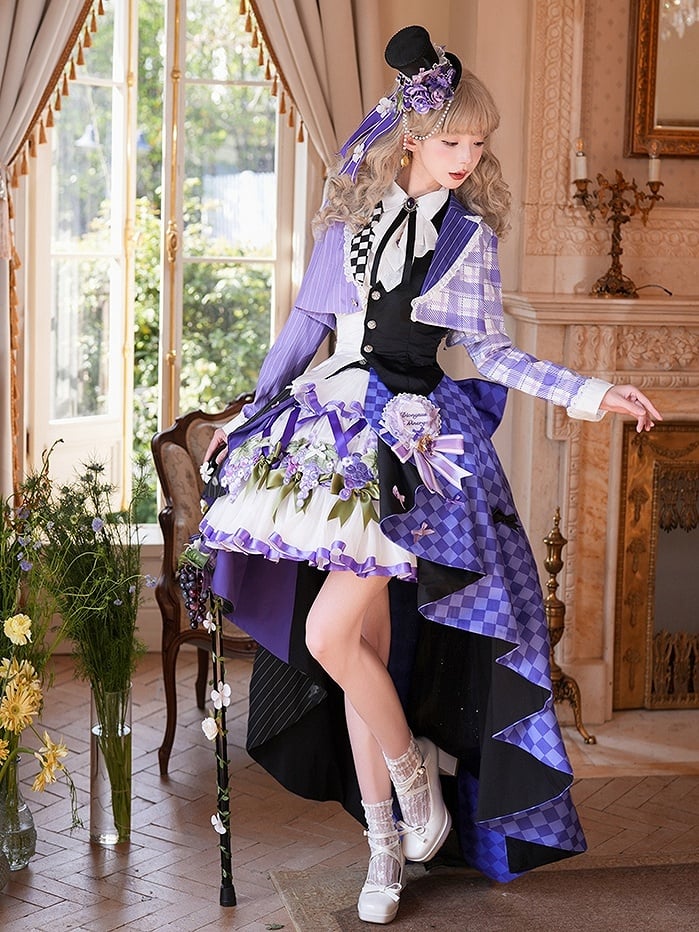ウエストコートトップス - ブレザー クロップド丈王子セット 半分チェック柄 半分ストライプ パープルロリータ 半分黒 + 半分白 バックレス柄
