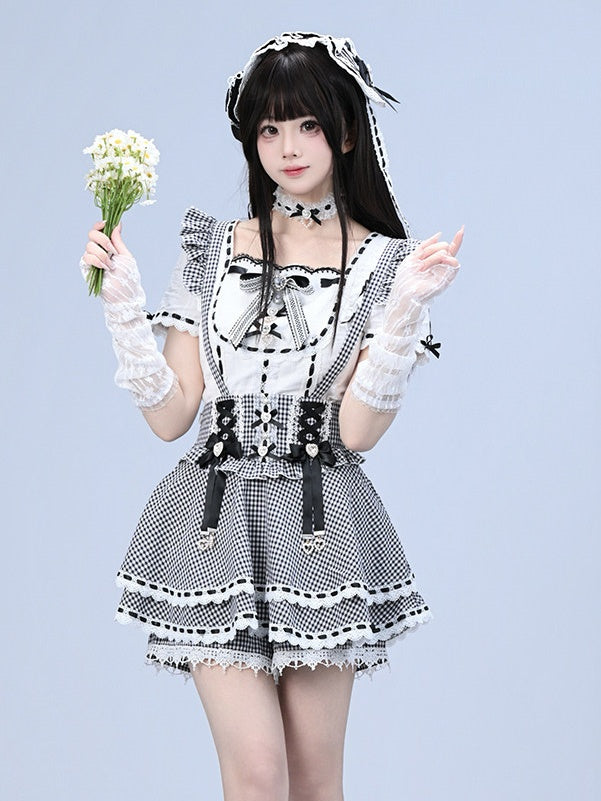 Black White Jirai Kei Square Neck Cotton Blouse with Bow Lace Details - Broken Bear