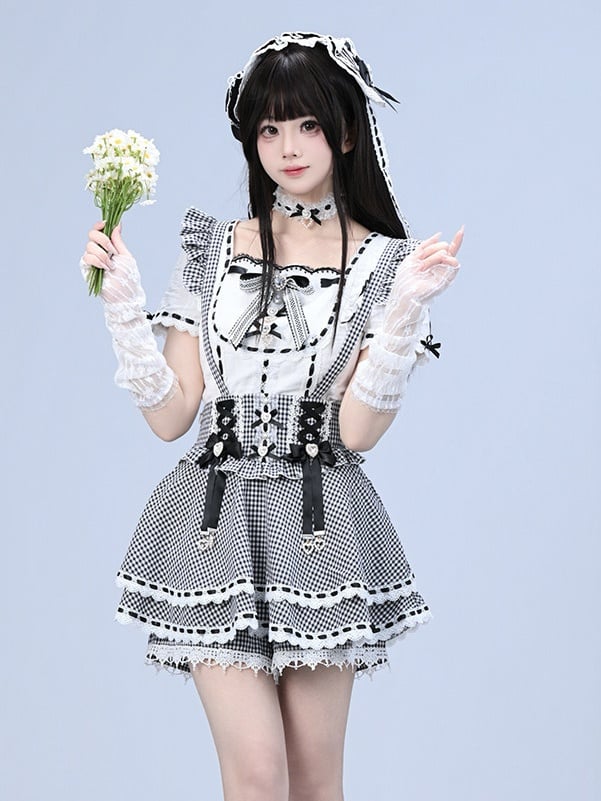 Black White Gingham Jirai Kei Overall Skort with Bow Lace Details - Broken Bear