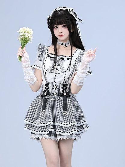 Black White Gingham Jirai Kei Overall Skort with Bow Lace Details - Broken Bear