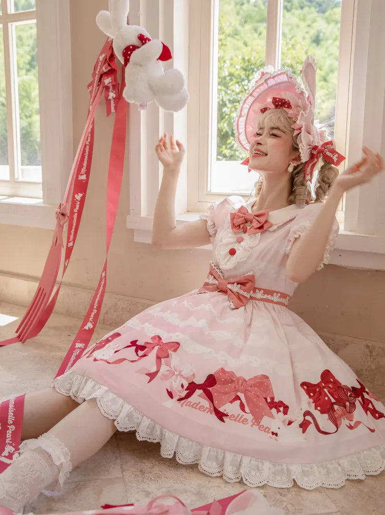 Kurze Schleifen Rosa Stück Ein Süßes Kleid und Ärmel Print Lolita Bunny