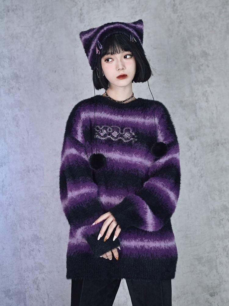 Cheongsam Sweater Gradient Mink Embroidery Faux Purple Animal with Stripes Gothic