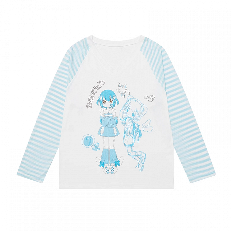 Sleeves V-Neck Cartoon Girl Print Semi-Sheer Coverup Striped Blue/Pink