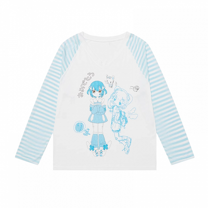 Sleeves V-Neck Cartoon Girl Print Semi-Sheer Coverup Striped Blue/Pink