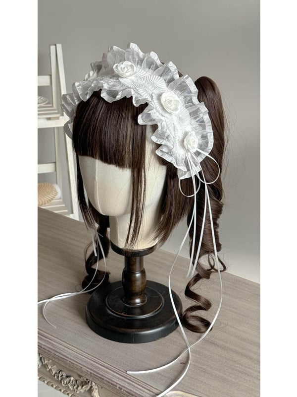 and Lace Streamers Flower Ribbon Ruffled Accents White/Black Lolita with Hairband