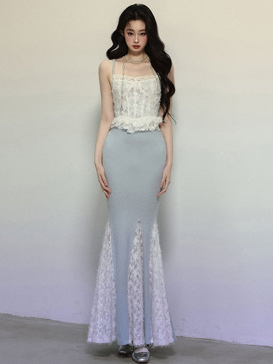 ブルークロシェレースコルセットボディスレースパッチワークマーメイドスカートマキシドレス