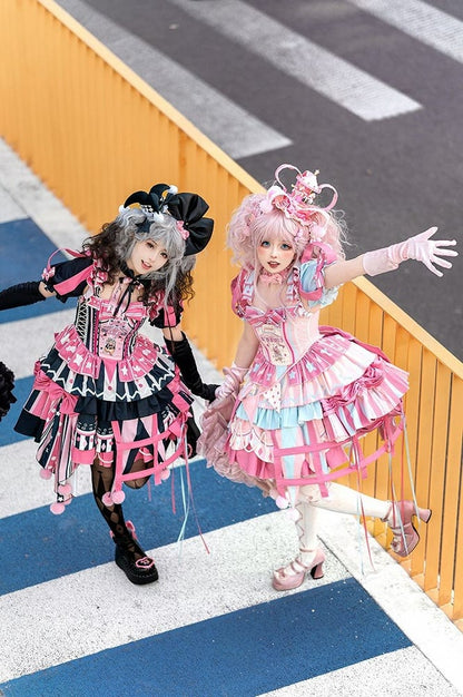 Jumper Embroidery Bunny Black Pink Lolita with Dress Skirt Sleeves Puff and Sweet Circus Detachable