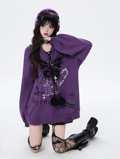 Pattern and Pom-Pom Details V-Neck Balloon Sleeve Knit Sweater with Butterfly Colors | 4