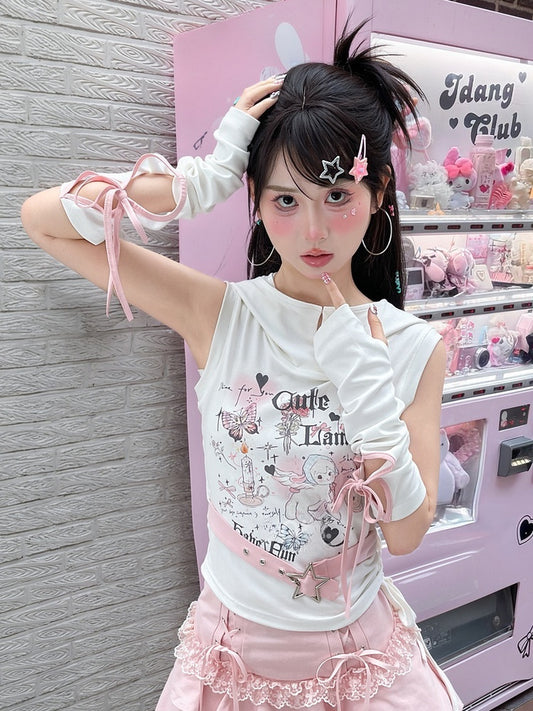 Buckle Armwear Lamb Print White Hooded Free Y2K Cute Tank Top with Star