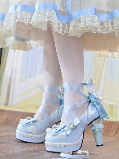Platform Details Lolita Sweet Block Bow Heart Blue Sculpted High - Sky with Heel Janes Mary Accents