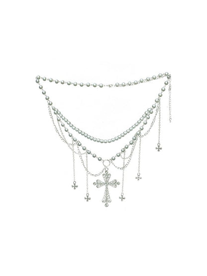 Beaded Chain Silver Waist Charms Cross Gothic