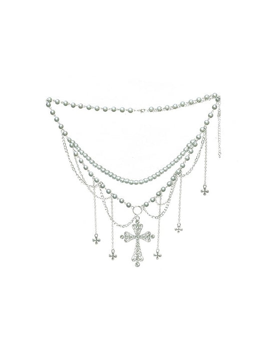 Beaded Chain Silver Waist Charms Cross Gothic