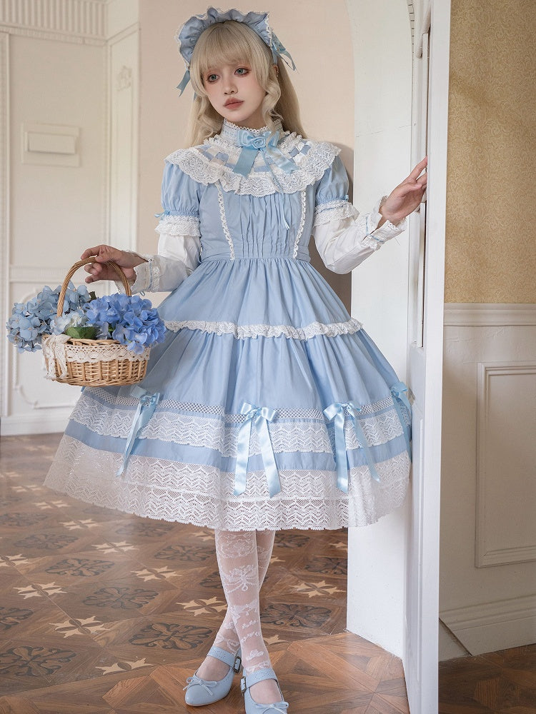 Dress Cotton Old Sleeves Edward Blue Neck Short Lolita OP Set School