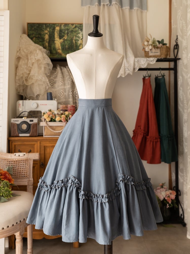 Lolita Ruffle-Trim Flounce-Hem Midi Skirt in Dusty Blue