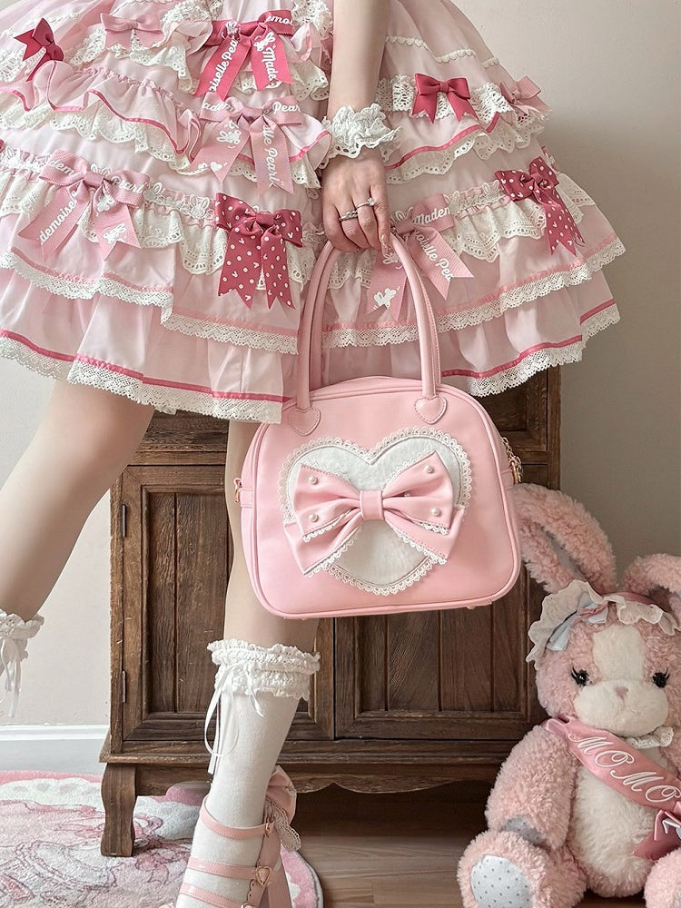 Perlenverzierte Schleife Plüschhandtasche Rosa Süßes Lolita-Herz