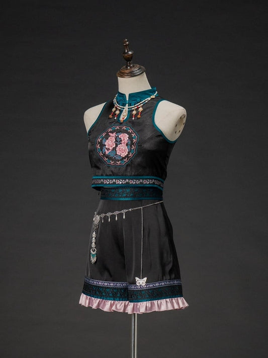 mit Stickerei, floralem Cheongsam, Knopf, bauchfreiem Oberteil, Frosch, ärmellosem Kragen und Ausschnitt