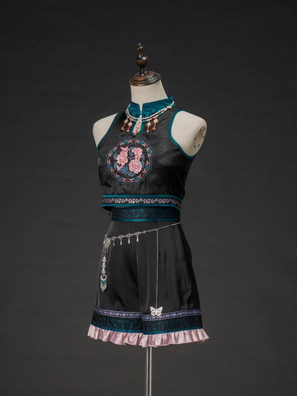 Style Shorts Taille Schmetterling mit Kette Chinoiserie Schwarz Lolita Ouji