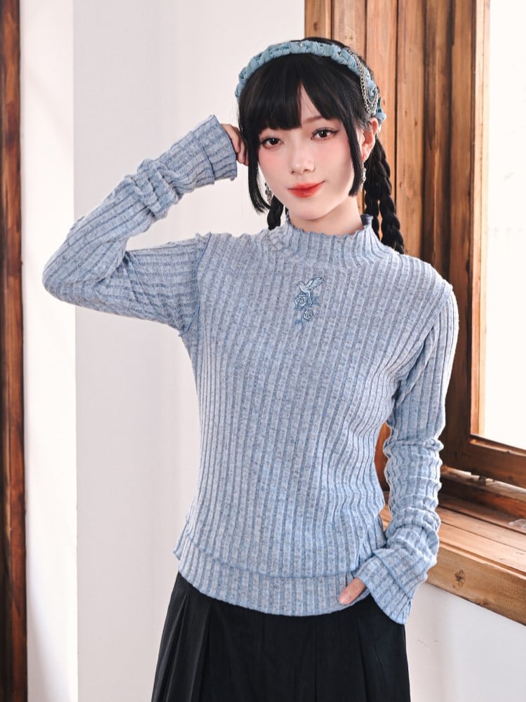 Camellia Blue Double-Layer Top Fitted Cheongsam with Hem Oriole Embroidery