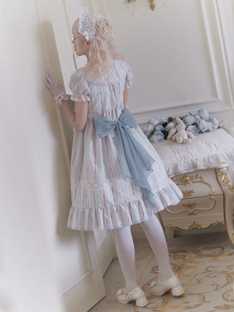 Leichtes Baumwollkleid mit Ärmeln und Taille, süßes Lolita-Kleid mit hohem Puffärmeln in Blau