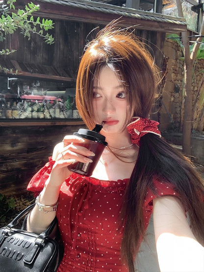 Red Square Neckline Short Sleeve Top with Polka Dot Pattern - Qchiwawameme