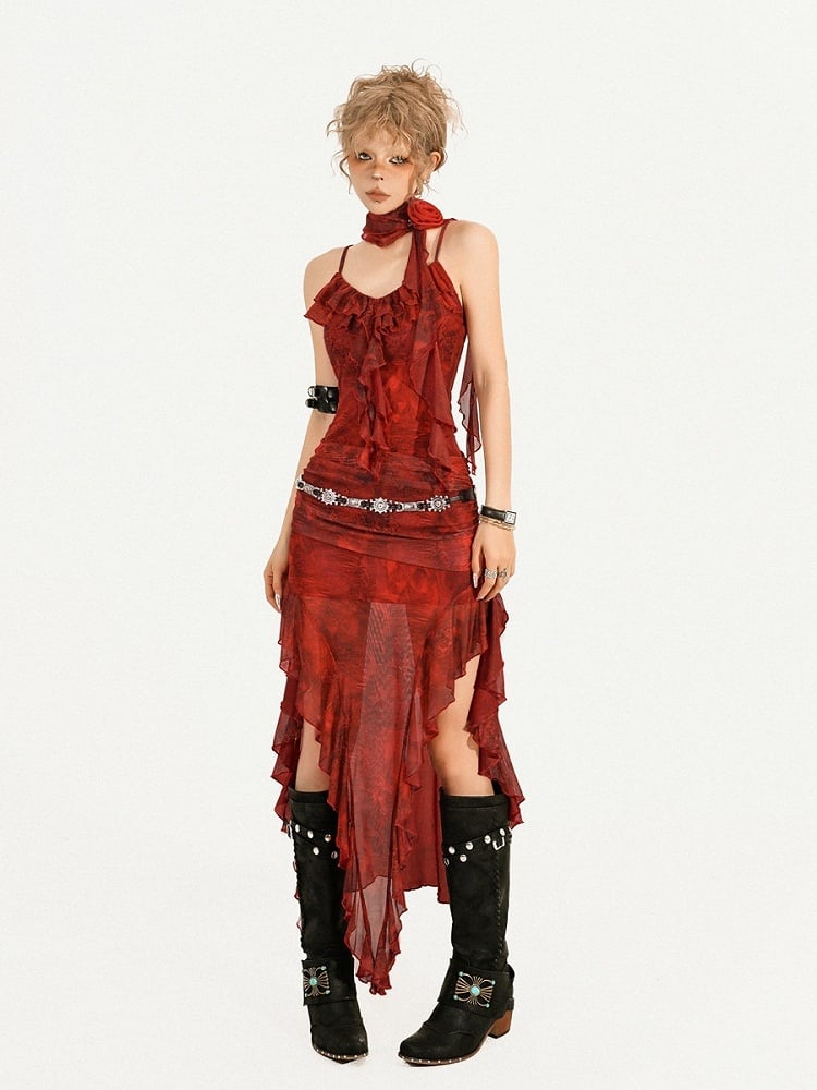 Red Floral Print Sleeveless Summer Dress with Irregular Ruffle Hem