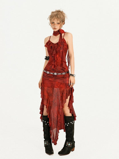 Red Floral Print Sleeveless Summer Dress with Irregular Ruffle Hem