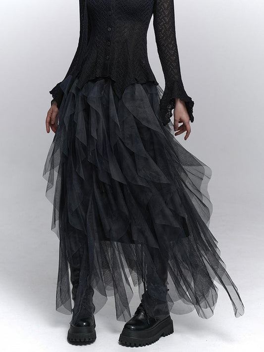 Skirt Asymmetrical Black  Tulle Cascading Gothic Ruffles with