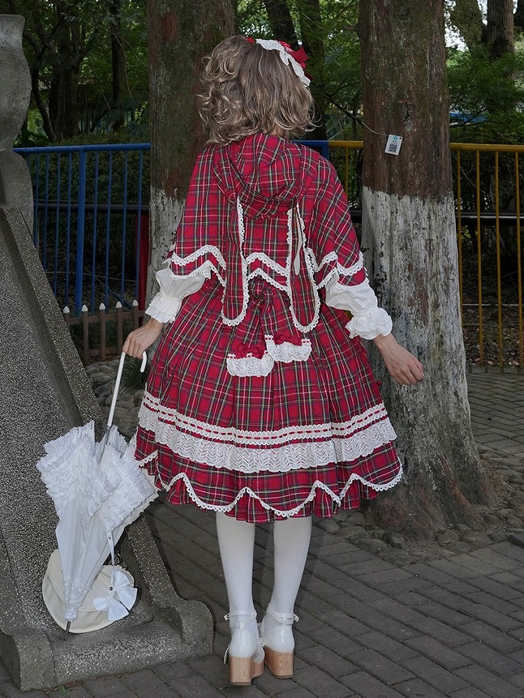 and Plaid Bunny Ears Red Cape Hooded with Petal-like Trim