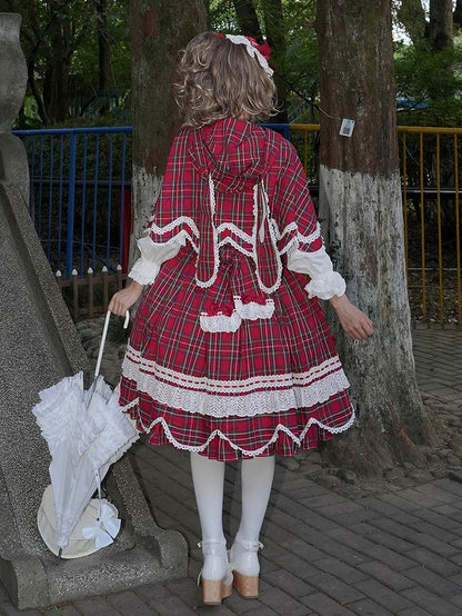 and Plaid Bunny Ears Red Cape Hooded with Petal-like Trim