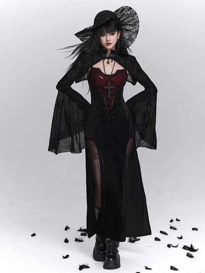 Spiderweb Cross-Lace Dress Thigh Red Slits Halloween Gothic Slip Print with Black Detail