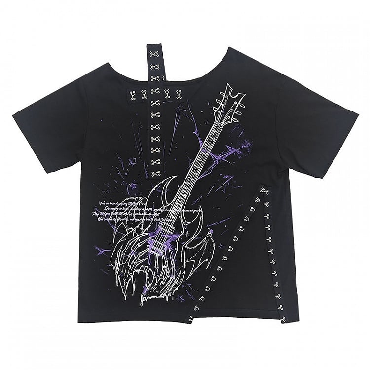 Sweet Black Guitar Print Asymmetrical Shoulder Tee with Slit