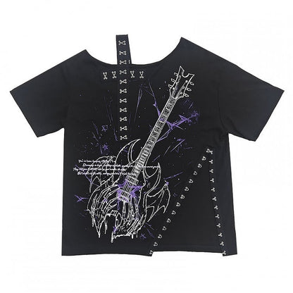 Sweet Black Guitar Print Asymmetrical Shoulder Tee with Slit