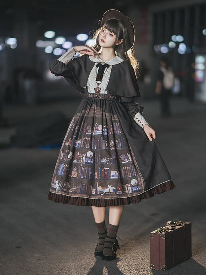 Dark Brown Bookshelf Print Long Sleeve Lolita Dress Cape - Miss Point