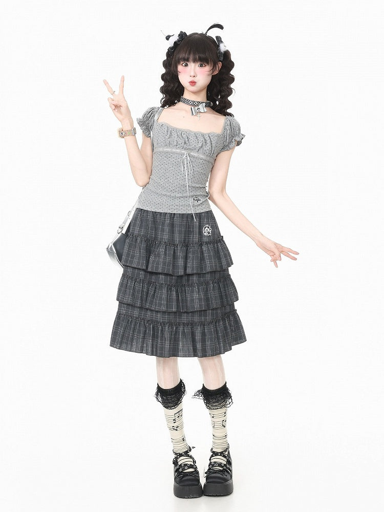 Kawaii Gray Polka Dot Square Neck Ruffle Top - Languid Park